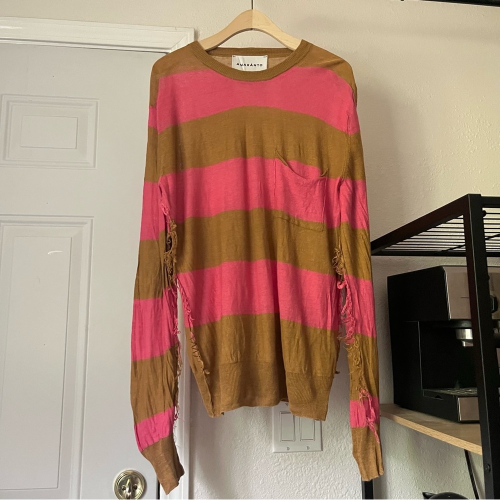 AMARANTO mustard pink striped fringe Canapa hemp long sleeve‎ pullover sweater